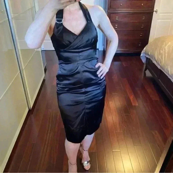 Le Chateau Cocktail Evening Dress Black Satin Halter Neck Bodycon Ruched Small - Picture 15 of 16